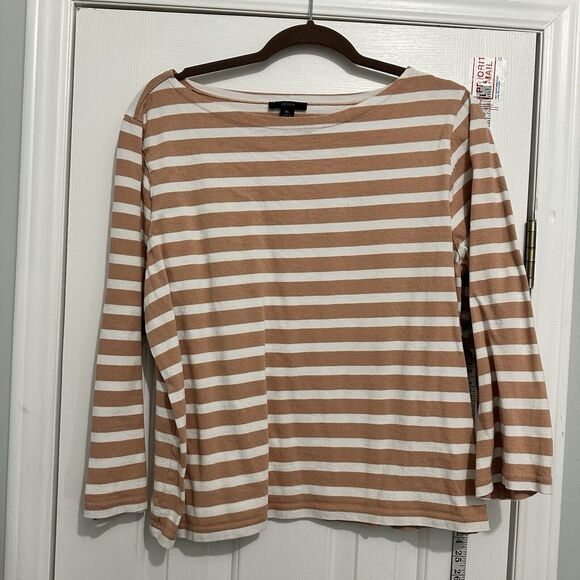 J.CREW Tops - J CREW Cotton Long Sleeve Top Iconic Tan White Stripe XL Classic
